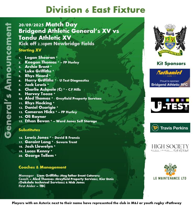 Squad announcement 
Tomorrow our 1st XV travel to <a href="/bedwasrfc/">Bedwas RFC</a>  where <a href="/ben_owen2/">Ben Owen</a> will take to the field for his 100th Cap  

with our Generals XV hosting Tondu at Newbridge fields, with the game played in memory of Daryl Dyke  Come support your teams 💚💛