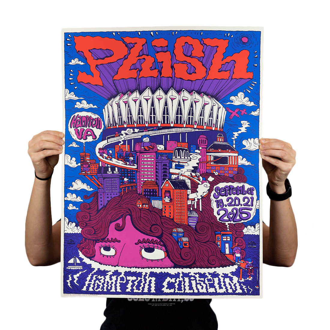 phishdrygoods's tweet photo. Here is our first official Hampton LE poster by Melcher Oosterman. Main Edition of 900, 18"x24" screenprint, numbered. Early merch sales info below. Printed by The Half & Half.

There will be an early merch stand located on the West side of the venue (by the water fountain), opening at 4:30PM today & Saturday. Posters will also be available inside the venue when doors open, for those who can't make it early.