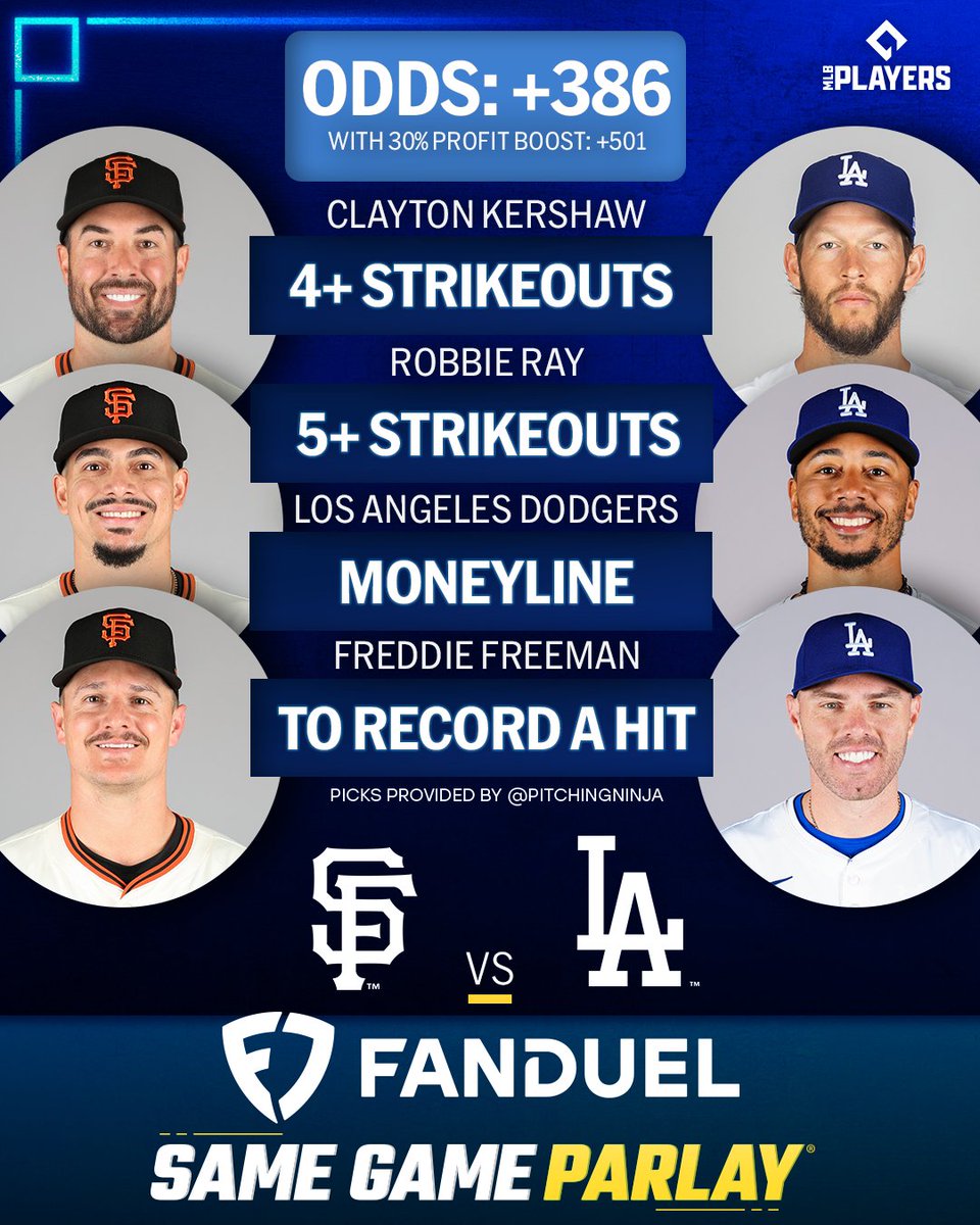 MLB Picks (@mlbpicks) on Twitter photo Clayton Kershaw takes the mound in his last regular-season home start for the <a href="/Dodgers/">Los Angeles Dodgers</a> against the Giants.
Odds via <a href="/FDSportsbook/">FanDuel Sportsbook</a>, picks via <a href="/PitchingNinja/">Rob Friedman</a> Clayton Kershaw takes the mound in his last regular-season home start for the <a href="/Dodgers/">Los Angeles Dodgers</a> against the Giants.
Odds via <a href="/FDSportsbook/">FanDuel Sportsbook</a>, picks via <a href="/PitchingNinja/">Rob Friedman</a>