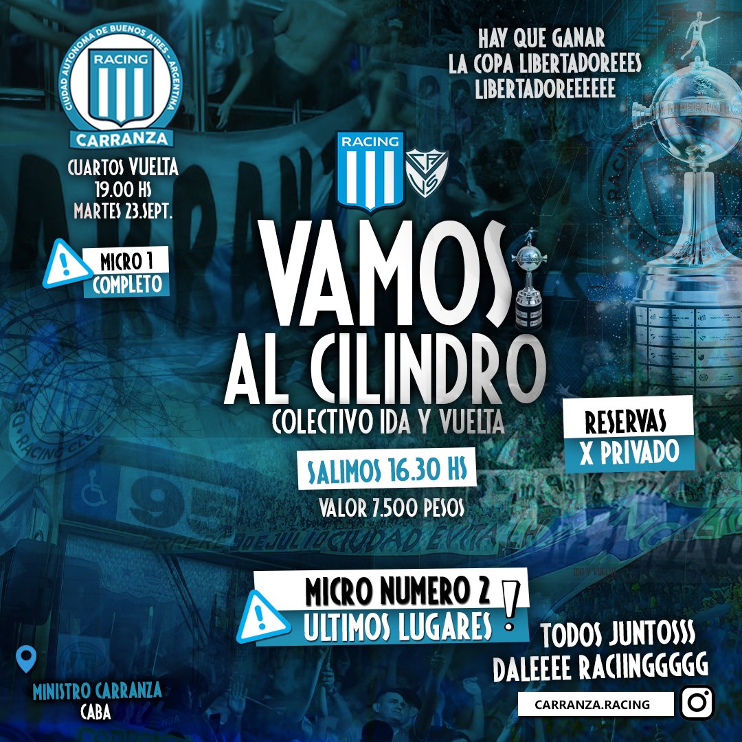 Ultimos lugares

Vamos al Cilindro
📍Desde estacion Carranza (CABA)
🚌 Micro ida y vuelta
💲7500 ida y vuelta
✔️ Reserva por privado

Ig: <a href="/carranza/">Carranza</a>.racing
#Racing vs velez 
#CopaLibertadores