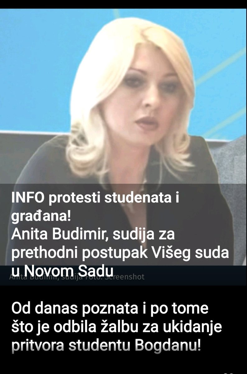 *Anita Budimir, sudija za prethodni postupak Višeg suda u Novom Sadu*

*Od danas poznata i po tome što je odbila žalbu za ukidanje pritvora studentu Bogdanu!* 

U fokusu javnosti i na naslovnim stranicama tabloida našla se početkom maja ove godine, nakon što je donela odluku da