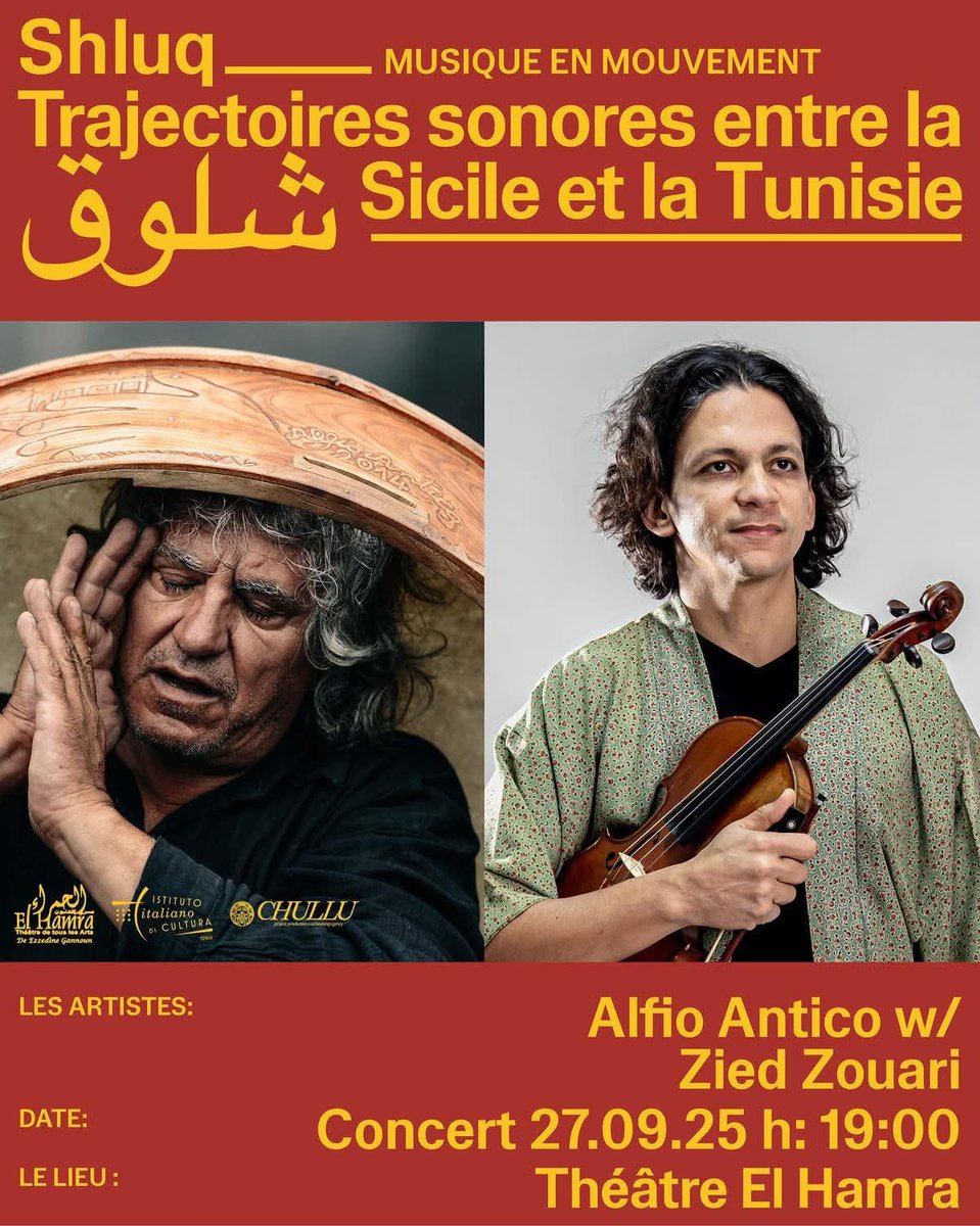 Dalla Sicilia a Tunisi, Shluq continua con 2 artisti straordinari. Alfio Antico,custode del ritmo primordiale della terra siciliana, e Zied Zouari, icona della musica araba e del violino contemporaneo, si incontrano sullo stesso palco
Sabato 27/9, h19. T. El Hamra
<a href="/ItalyinTunisia/">Italy in Tunisia</a>