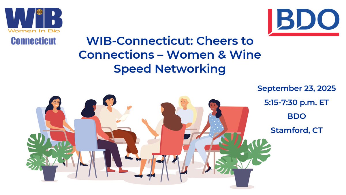 Join #WIBCT on 9/23 from 5:15-7:30 p.m. at @BDO for Cheers to Connections: Women &amp; Wine Speed Networking! It will be an evening of inspiration, mentorship &amp; meaningful connections in the #lifesciences community.

For details: bit.ly/41bFTnW

#WIBCT #CheersToConnections