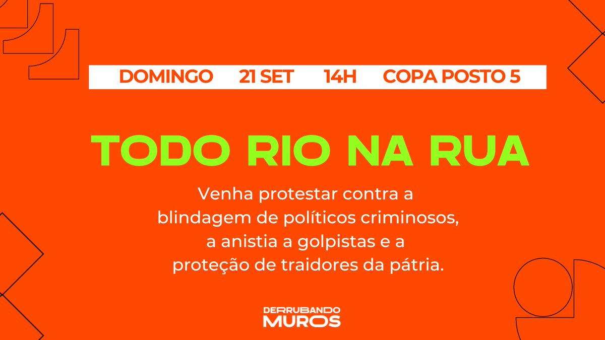 O Derrubando Muros estará no Posto 5 neste domingo para protestar contra a blindagem de políticos criminosos, a anistia a golpistas e a proteção de traidores da pátria pelo Congresso.

Convidamos todos que prezam pela nossa democracia a participar.
#SemAnistia #pecdabandidagemnão