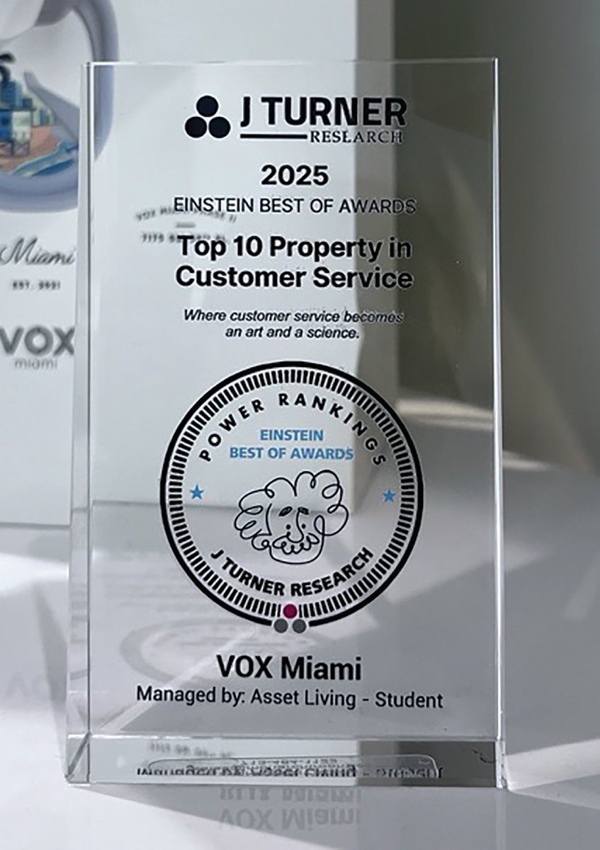 Asset_Living's tweet image. Congratulations to VOX Miami for earning an Einstein Best of Award for 2025! 🏆 Learn more about this award win by clicking the link in our bio!

#TeamAsset #studenthousing #propertymanagement