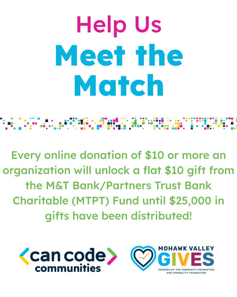 CanCodeOrg's tweet image. 🚀 It’s #MohawkValleyGives!
Donate $10+ and M&T Bank adds $10 💙
⏰ The clock is ticking—help us unlock as many matches as possible right now!
Your gift builds a vibrant, inclusive, talent-fueled tech sector in the Mohawk Valley & beyond!
👉 lnkd.in/eqfxGCHg