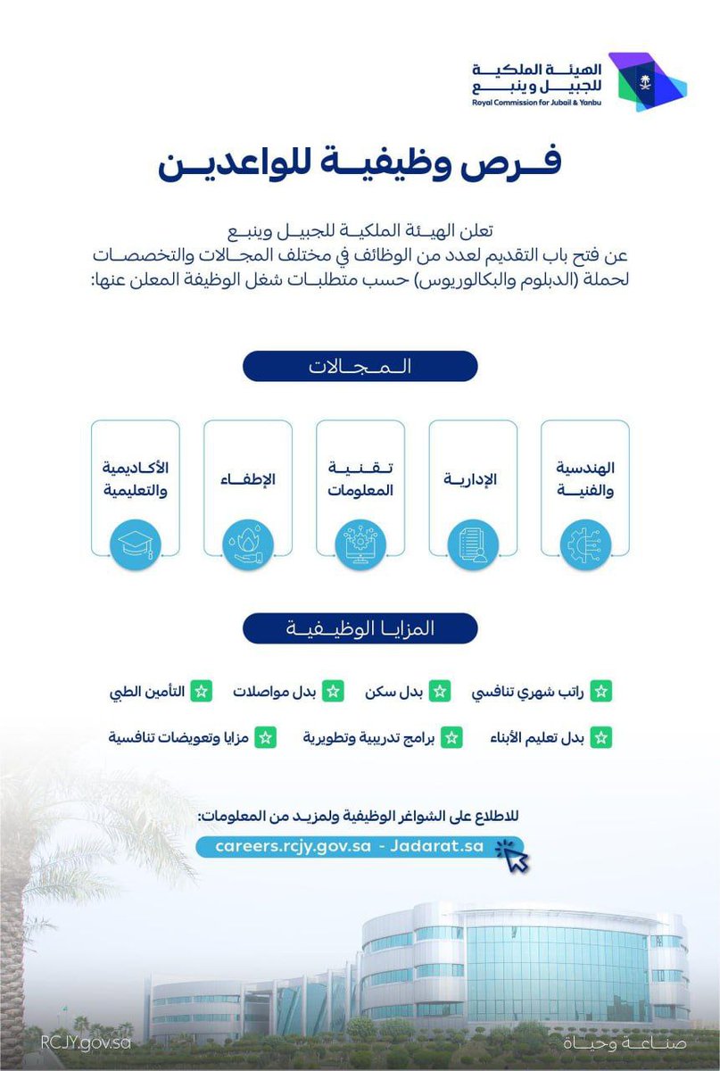 🔴| رسميا : تعلن #الهيئة_الملكية للجبيل وينبع عن 52 وظيفة لحملة ( الدبلوم فأعلى ) في #جازان و #ينبع و #الرياض و #الجبيل و رأس الخير

التخصصات:-
هندسة وفنية
إدارية
قانونية
تقنية معلومات
الإطفاء
أكاديمية وتعليمية 
نظم معلومات جغرافية

التقديم careers.rcjy.gov.sa/ar/job-search-…

#توظيف