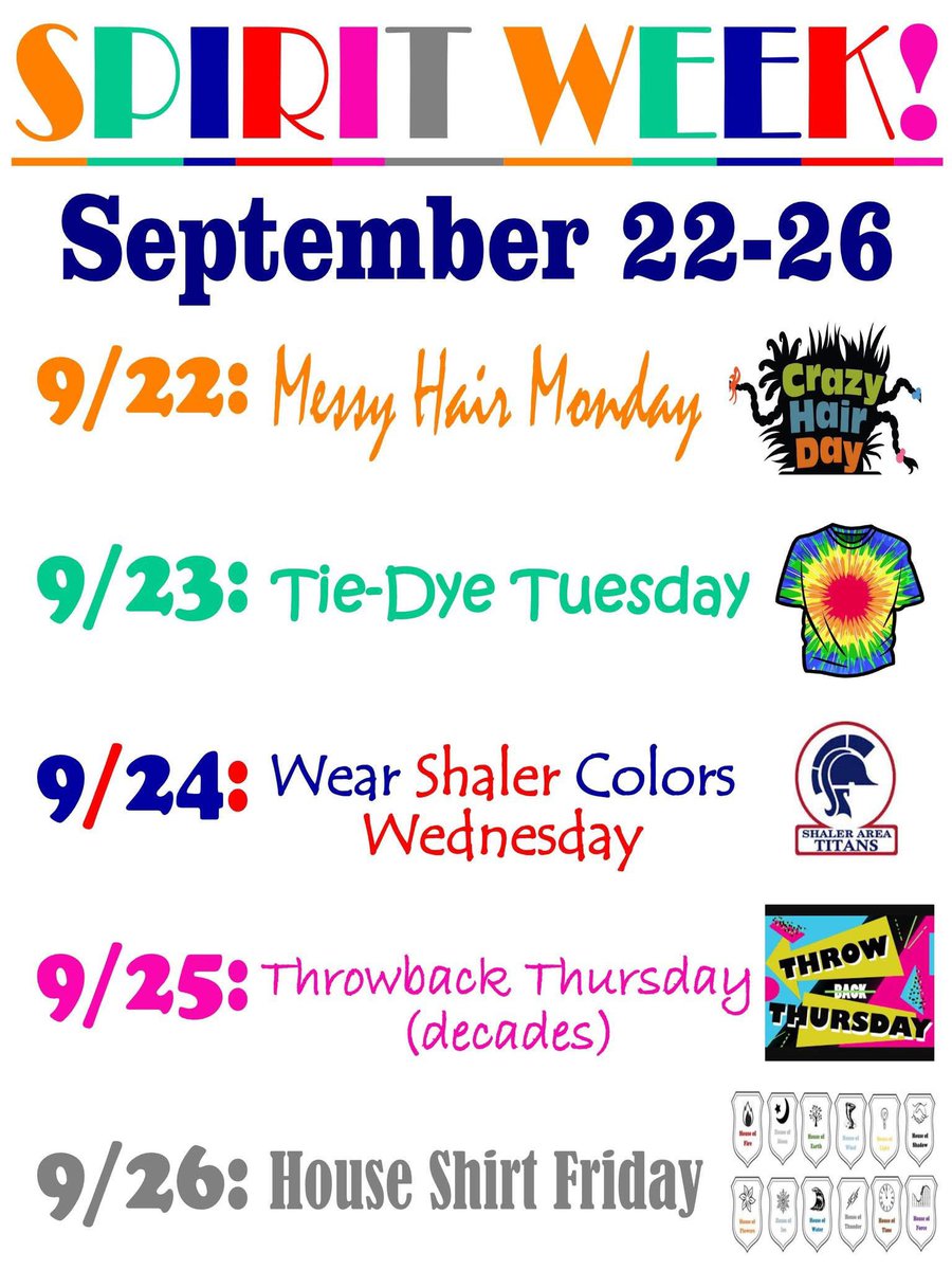 SAESTitans's tweet image. Next week is SPIRIT WEEK! 🥳 See attached poster for all the fun dress themes to come! We are kicking it off with MESSY HAIR MONDAY!