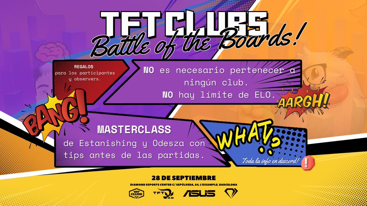 CCestari 👾 (@claucestari) on Twitter photo TFT Clubs: Battle of the Boards ⚔️
Un torneo con más de 650€ en premios, es abierto a todos y todas 🔥
❌ NO importa en que club estés.
✅ Regalos para los jugadores y los que vayan de observers.
✅ @Estanishing y <a href="/OdeszaTFT/">O D E S Z A</a> te enseñarán la tech para que domines el torneo. TFT Clubs: Battle of the Boards ⚔️
Un torneo con más de 650€ en premios, es abierto a todos y todas 🔥
❌ NO importa en que club estés.
✅ Regalos para los jugadores y los que vayan de observers.
✅ @Estanishing y <a href="/OdeszaTFT/">O D E S Z A</a> te enseñarán la tech para que domines el torneo.