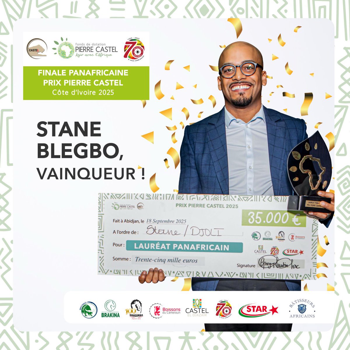🏆 Stane BLEGBO 🇨🇮 (DJOLI) sacré Super Lauréat du Prix Pierre Castel 2025 🎉
Un concept innovant qui connecte producteurs &amp; restaurateurs 🌱🍴
👏 Bravo à DJOLI &amp; félicitations à tous les finalistes de cette aventure panafricaine 💡

#PrixPierreCastel2025 #Innovation #Afrique