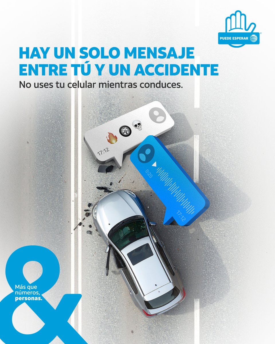 ATTMx's tweet image. Basta un mensaje, una llamada o un audio para arruinar tu futuro, el de tus seres queridos y el de vidas inocentes.
El camino no perdona distracciones, mantén tu atención al volante.
#PuedeEsperar #MásQueNúmerosPersonas