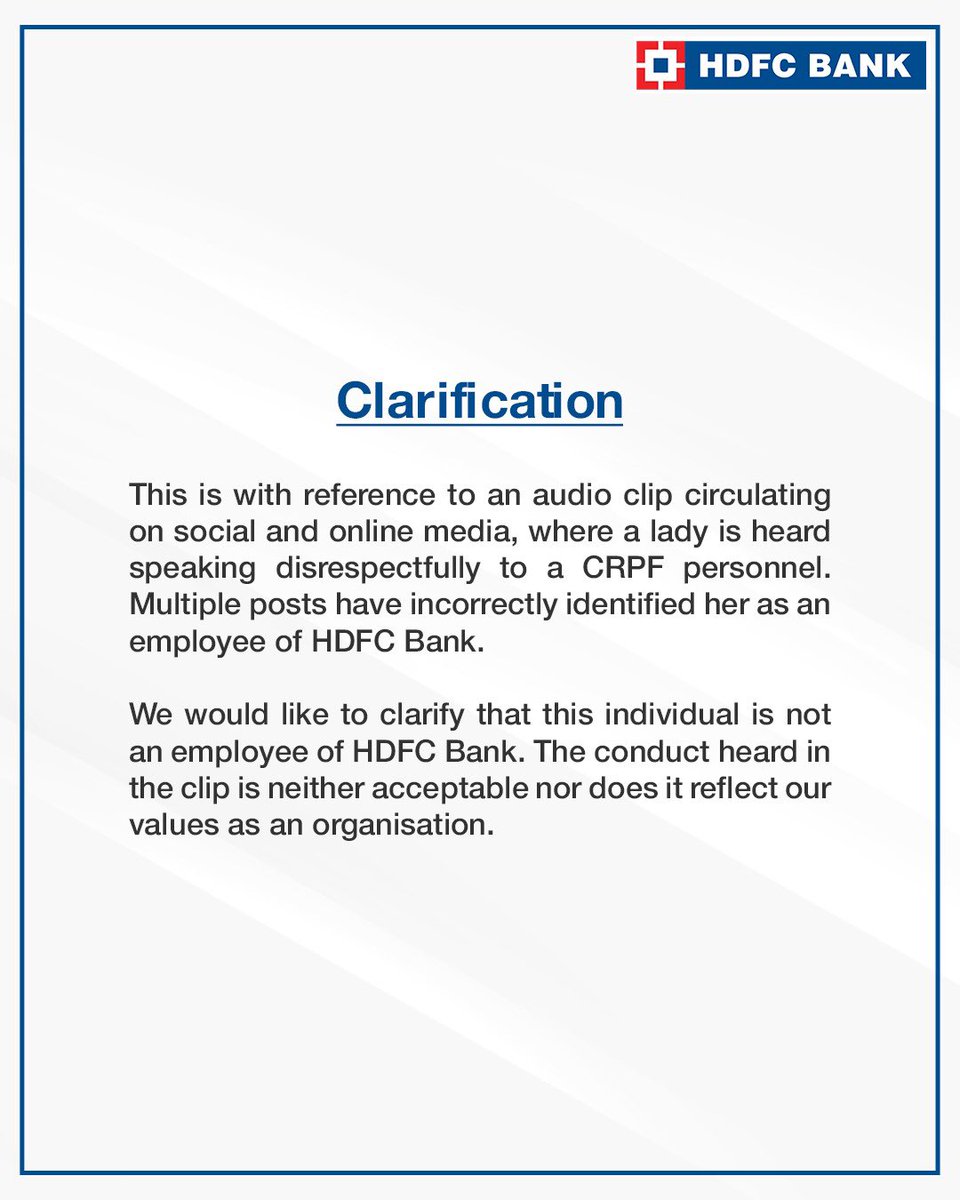 askrahul93's tweet image. 🔹HDFC Bank का आधिकारिक बयान🔹
वायरल ऑडियो क्लिप में सुनी गई महिला हमारी कर्मचारी नहीं है।
CRPF जवानों के प्रति अभद्र व्यवहार न स्वीकार्य है, न ही यह हमारे मूल्यों का हिस्सा।
#hdfcbank
#Clarification
#HDFC
@SocialistNikhar
@YdbRaj73826
@RamendraGrs