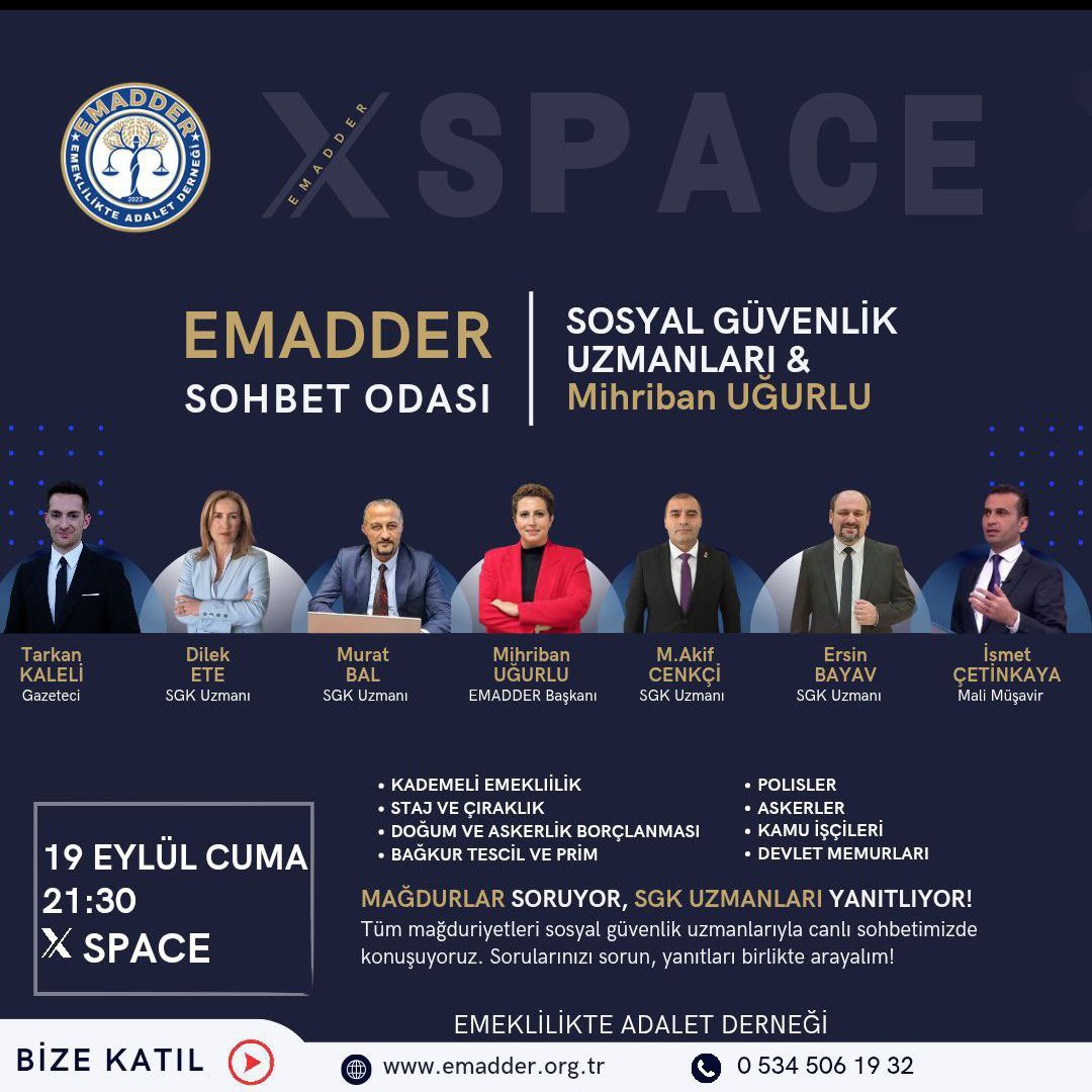 İnsan bir sorar kendine
Bu insanlar ne istiyor diye?!

Emekli olmak istemiyorlar!!!
KADEMELİ EMEKLİLİK istiyorlar

NEDEN???
Kanun nizam vicdan öyle gerektirdiği için olabilir mi Sn. Bakan Vedat Işıkhan???
Buyrun ADALET ÇALIŞTAYI'na
<a href="/EmadDernegi/">EMEKLİLİKTE ADALET DERNEĞİ ⚖️</a>
<a href="/isikhanvedat/">Prof. Dr. Vedat Işıkhan</a> 
<a href="/csgbakanligi/">T.C. Çalışma ve Sosyal Güvenlik Bakanlığı</a>