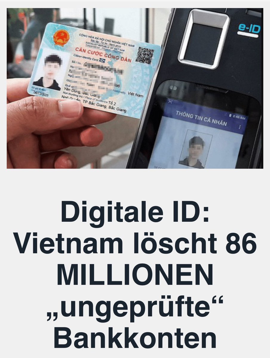 mcpolitik's tweet image. Digitale ID: Vietnam sperrt 86 MILLIONEN Bankkonten – ein Warnsignal für die Schweiz!

In Vietnam wurden über 86 Millionen Bankkonten gelöscht – allein weil ihre Besitzer sich weigerten, sich einem neuen digitalen ID-System zu unterwerfen. Offiziell seien es „Fake-Konten“…