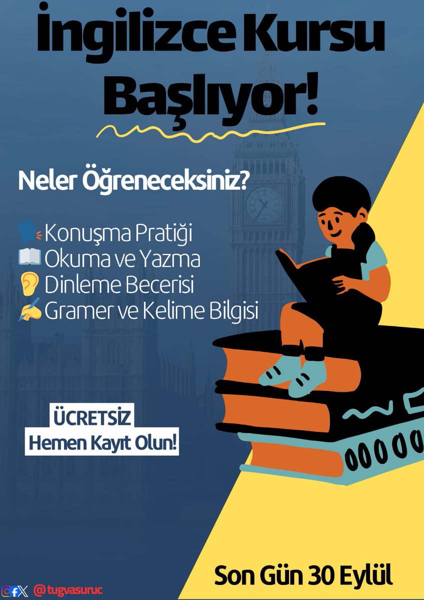 İngilizce Kursu Başlıyor!

Neler Öğreneceksiniz?
🗣️ Konuşma Pratiği
📖 Okuma ve Yazma
👂 Dinleme Becerisi
✍️ Gramer ve Kelime Bilgisi

Hemen kayıt olun! (Ücretsiz)

Kayıt için son gün: 30 Eylül

Başvurular için:
forms.gle/Uzph4ZwTtkLW77…