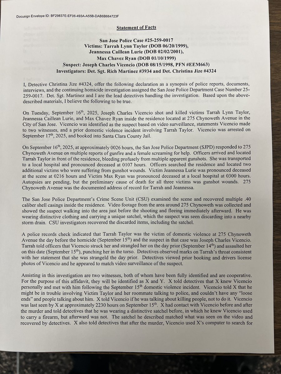 newsdamian's tweet image. #EXCLUSIVE:
Court docs show motive behind San Jose’s triple homicide was allegedly tied to domestic violence. Joseph Vicencio was accused the day before the murder, of punching Tarrah Lynn Taylor, stating he also “strangled” her. 
#Developing