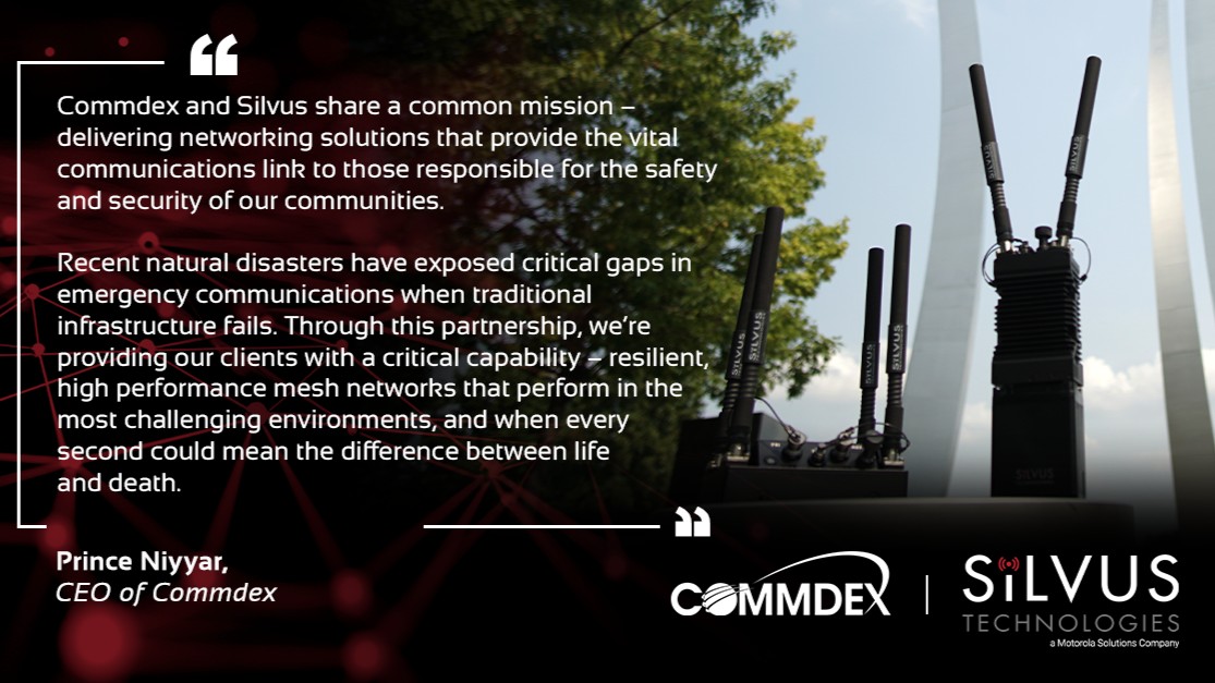 SilvusTech's tweet image. Proud to partner with @CommdexC to expand nationwide access to Silvus #StreamCaster #MANET radios—delivering resilient mesh networks when infrastructure fails and every second counts. See why Commdex trusts Silvus to provide secure communications in any environment. 

Contact…
