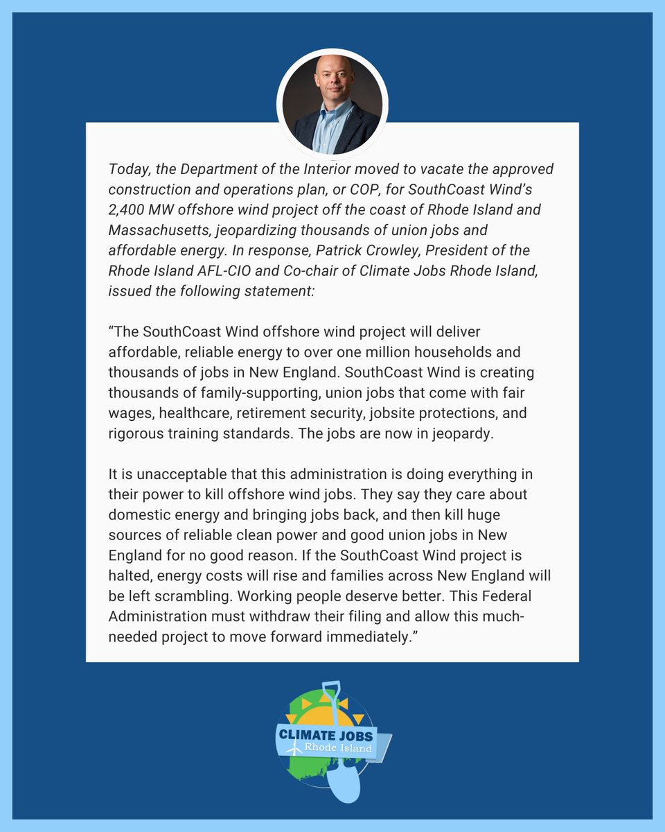 The Trump admin just revoked the permit for SouthCoast Wind - risking thousands of union jobs + clean power for over 1M homes.
Workers + families deserve better. This project must move forward. #UnionJobs #SouthCoastWind