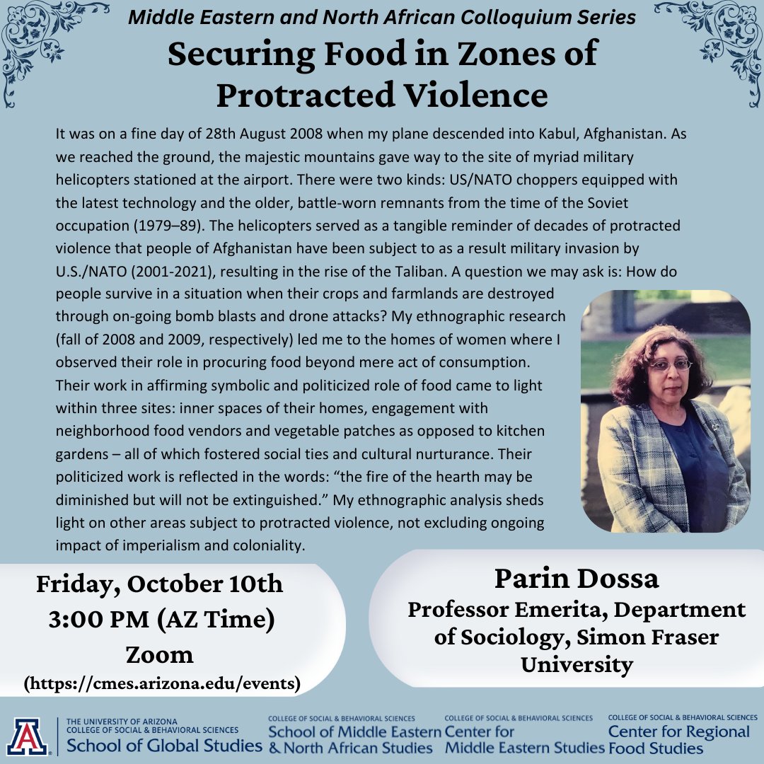 Please join us Friday, October 10th at 3:00PM (AZ time) over Zoom, for our next colloquium, Securing Food in Zones of Protracted Violence.

Register for the Zoom here: tinyurl.com/49vbe3hm
