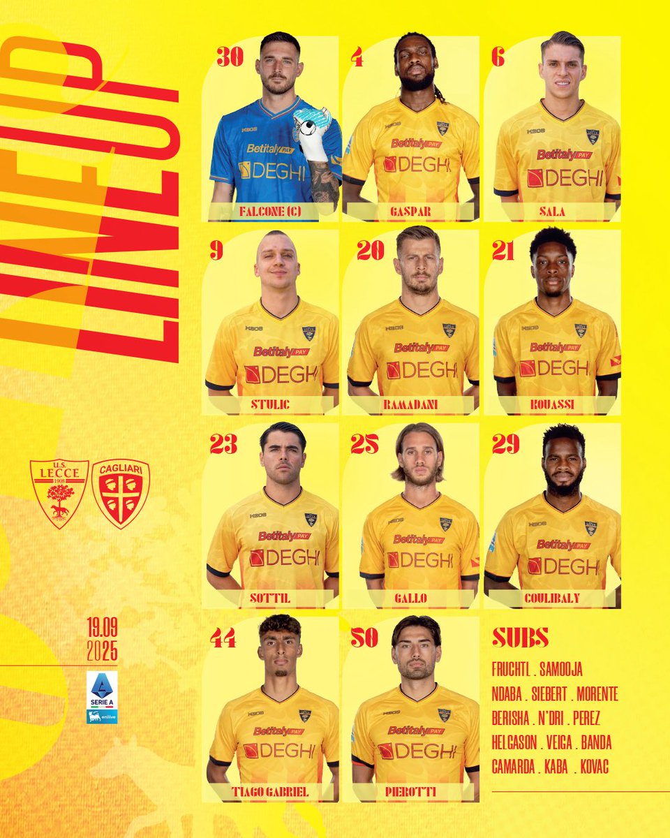 🟡🔴 | 𝐒𝐓𝐀𝐑𝐓𝐈𝐍𝐆 𝐗𝐈
Il nostro undici di partenza per #LecceCagliari