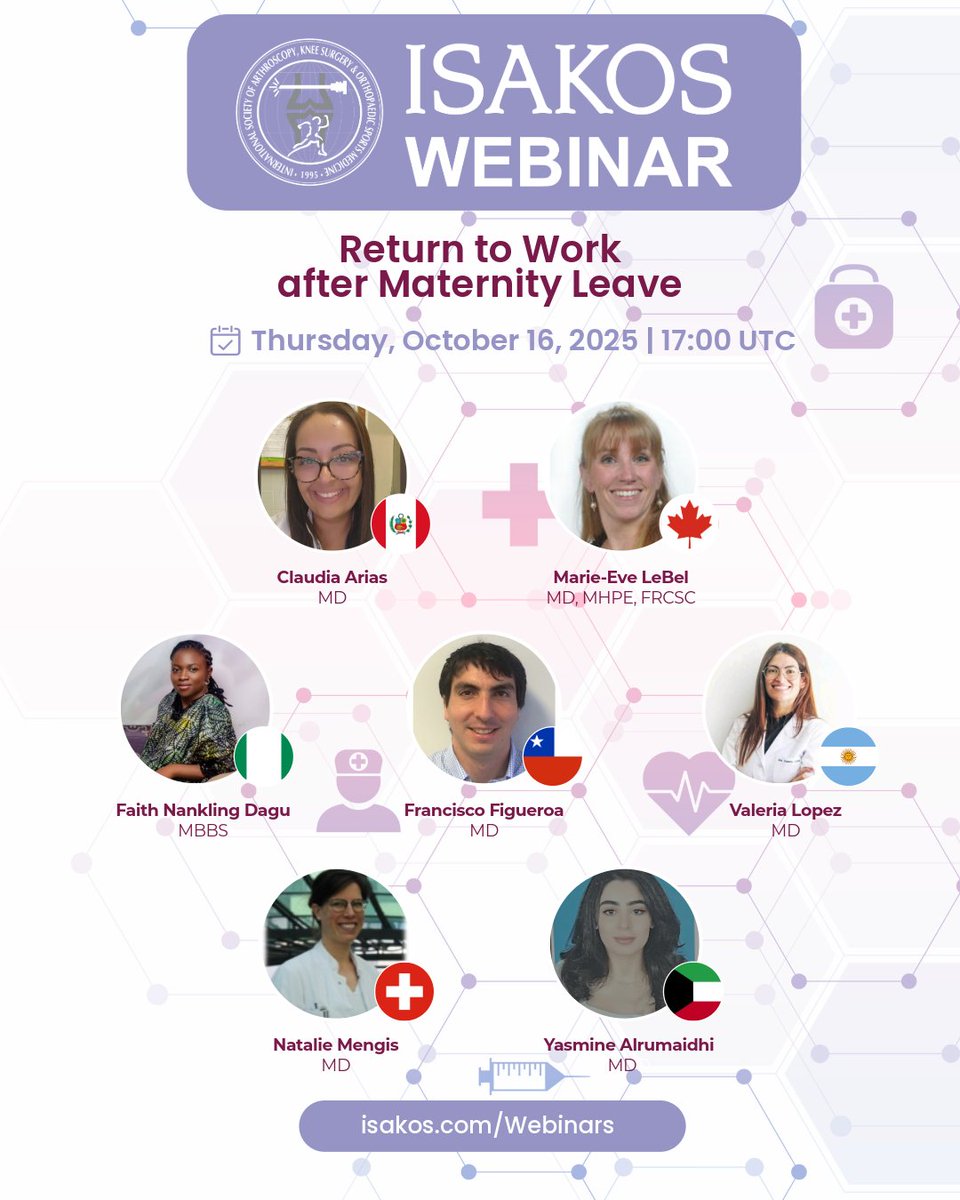 ISAKOS's tweet image. 👩‍⚕️ ISAKOS Webinar: Return to Work After Maternity Leave! 📅 Oct 16, 2025 | 17:00 UTC 💻 Join us for insights on balancing family and work from women in orthopaedics. Register now: ISAKOS003.winglet.live #ISAKOS #MaternityLeave #WorkLifeBalance #WomenInMedicine