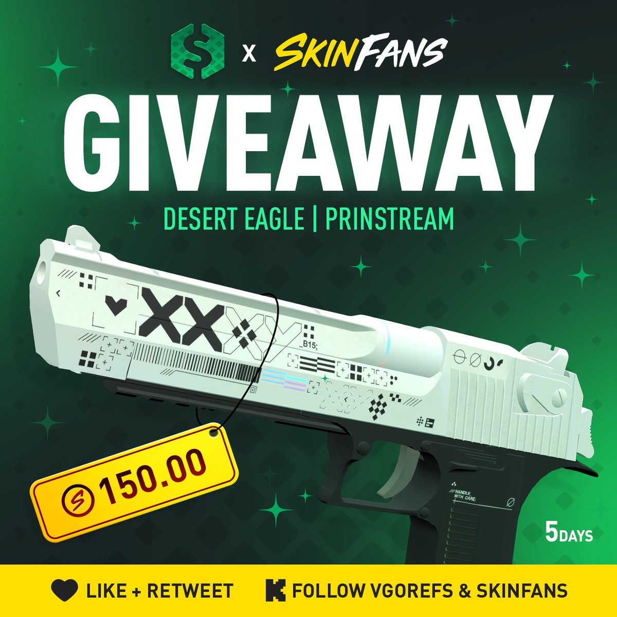 🎁 DESERT EAGLE | PRINSTREAM GIVEAWAY! 🥳 

To enter: 
✅ Follow me &amp; <a href="/SKINFANS/">SKINFANS</a> 
✅ Retweet + Like 
✅ Tag 2 friends 

Giveaway ends in 5 days!