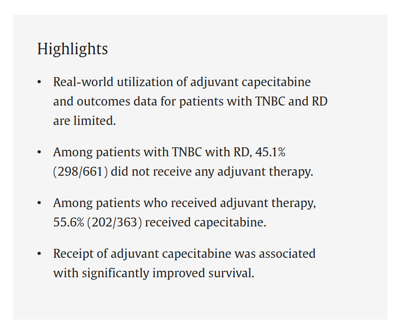 New study: Adjuvant capecitabine in patients with #TripleNegativeBreastCancer after neoadjuvant chemotherapy.
🔓pubmed.ncbi.nlm.nih.gov/40882247/
<a href="/CherianMathew30/">Mathew Cherian</a> <a href="/PTarantinoMD/">Paolo Tarantino</a> <a href="/EMittendorfMD/">Dr. E Mittendorf</a> <a href="/TariKingMD/">Tari King MD</a> <a href="/DrDebuTripathy/">Debu Tripathy, MD</a> <a href="/stolaney1/">Sara Tolaney</a> <a href="/NabihahTayob/">Nabihah Tayob</a> <a href="/nlinmd/">Nancy Lin, MD</a> <a href="/StoverLab/">Daniel Stover, MD, FASCO</a> #AnaGarridoCastro #TNBC