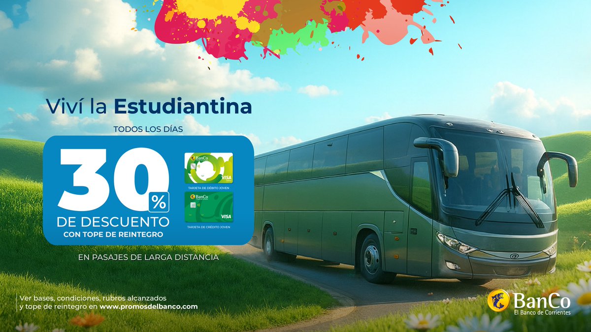 Se acerca el Día del Estudiante y la Primavera y no queremos que te lo pierdas 😏 ✨ Viajá y disfrutá tu propia historia en la Estudiantina 🎉🚍 La ruta y nuestra promo te esperan.

Conocé más en 📲 promosdelbanco.com/promociones/tr…