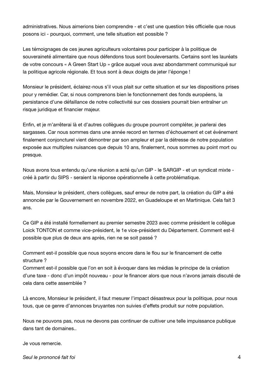 Retrouvez le discours du président Bernard Guillaume. ⤵️
Plutôt que de répondre à nos demandes précises, le président du <a href="/CRGuadeloupe/">Région Guadeloupe</a> s’enferme dans une autosatisfaction hors sol et verse dans une polémique dérisoire face aux souffrances du pays et de la population.
3/3