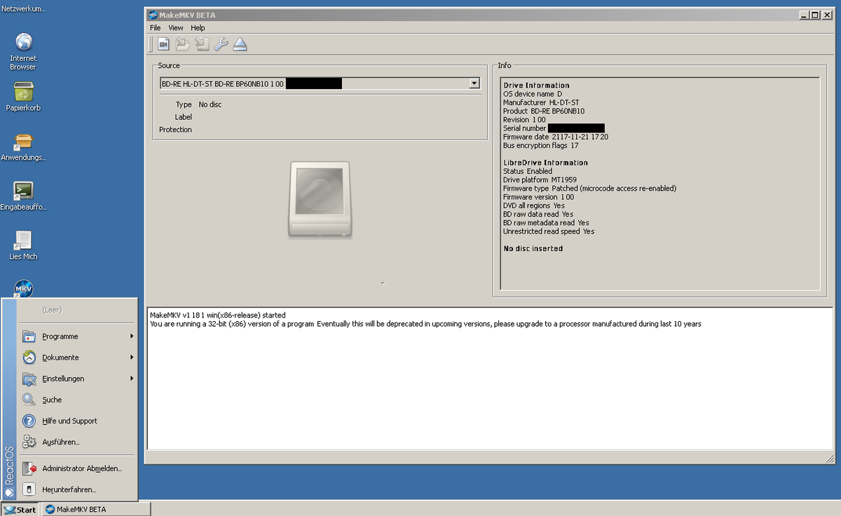 ThunderClapLP's tweet image. MakeMKV mostly works on #ReactOS
Extracting from DVDs and BluRays is both possible.
It is the most reliable when extracting to a shared folder in VirtualBox, it randomly bluescreens otherwise.
@reactos It also consistently fails on the second DVD. Will open a Jira ticket later.