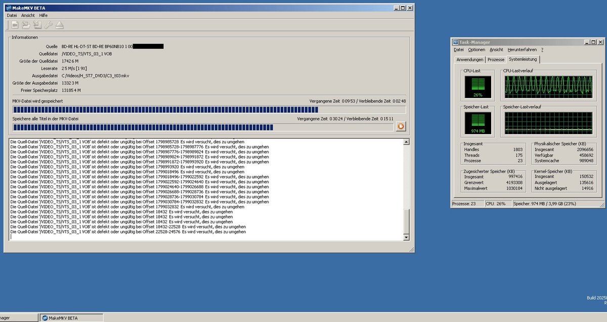 ThunderClapLP's tweet image. MakeMKV mostly works on #ReactOS
Extracting from DVDs and BluRays is both possible.
It is the most reliable when extracting to a shared folder in VirtualBox, it randomly bluescreens otherwise.
@reactos It also consistently fails on the second DVD. Will open a Jira ticket later.
