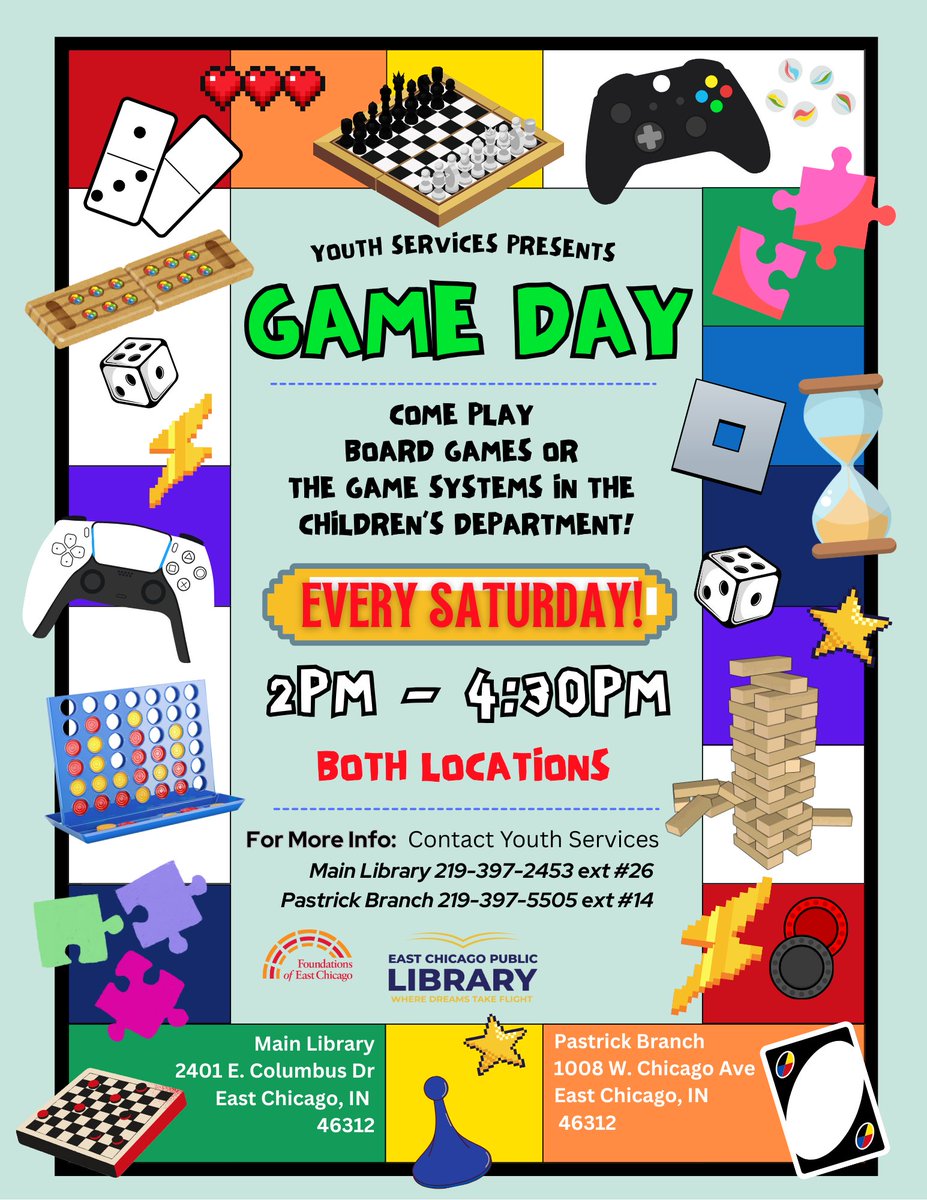 ECPublicLibrary's tweet image. 🎲🎮 Youth Services Presents: Game Day! 🎮🎲
Looking for weekend fun? Join us every Saturday in the Youth Services Department for Game Day!
Come play:
✅ Board games
✅ Video games
✅ And so much more!