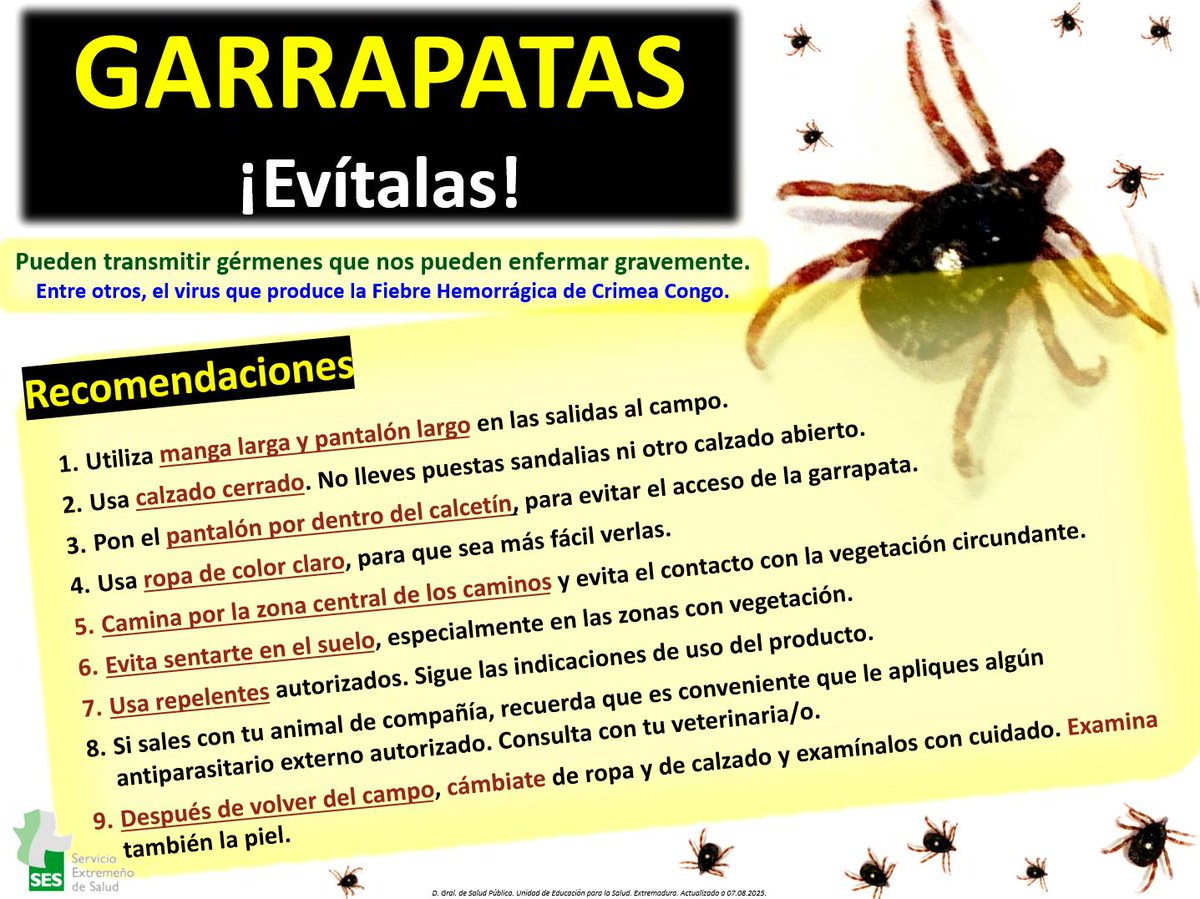 GARRAPATAS - PREVENCIÓN DE PICADURAS

👉Las garrapatas pueden transmitir gérmenes que pueden hacernos enfermar, incluso gravemente (por ejemplo, por fiebre hemorrágica de Crimea-Congo).
👉Para evitarlas debemos seguir las recomendaciones de la imagen.