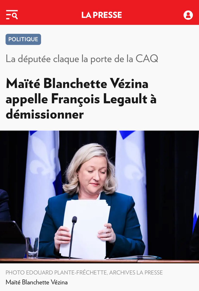 E_Duhaime's tweet photo. Hier, la députée de Rimouski, Maïté Blanchette-Vézina, a été la première caquiste à remettre publiquement le leadership de François Legault en question.

Elle a dit tout haut ce que les Québécois pensent pratiquement tous: monsieur Legault doit réfléchir à son avenir et démissionner au plus sacrant.

Une journée, une ministre annonce son départ. Le lendemain un député est expulsé du parti. Le surlendemain, il se fait copieusement huer à un match de baseball. Hier, une autre députée quitte son caucus. 

Devenu tellement impopulaire, à la tête d’un gouvernement extraordinairement incompétent et dépensier, le premier ministre n’a plus la légitimité démocratique pour gouverner.

Il ne peut plus assumer ses fonctions, trop occupé à tenter de sauver sa peau.

Il a perdu la confiance des Québécois à un niveau plus élevé qu’aucun autre ses prédécesseurs.

Il est même en train de perdre l’appui de son propre caucus.

A partir du moment où des députés réclament la tête du chef publiquement, le supplice de la goutte commence, jusqu’à ce que monsieur Legault quitte par la petite porte d’en-arrière.