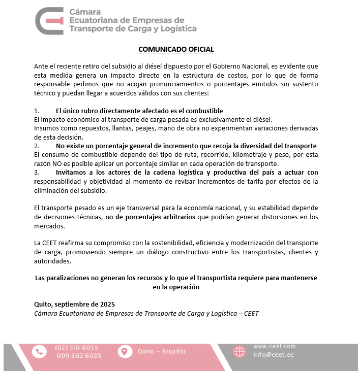 Desde la CEET hacemos un llamado a la responsabilidad sobre tanta especulación de porcentajes anti técnicos en los fletes del transporte de carga pesada.

Aquí nuestro comunicado oficial: 👇🏻

<a href="/MIT_Ecuador/">Ministerio de Infraestructura y Transporte 🇪🇨</a> 
<a href="/MinGobiernoEc/">Ministerio de Gobierno Ecuador</a> 
<a href="/Produccion_Ecu/">Ministerio de Producción</a> 
<a href="/CamaraCIP/">Cámara de Industrias y Producción - CIP</a> 
<a href="/CeEcuatoriano/">Comité Empresarial Ecuatoriano</a>