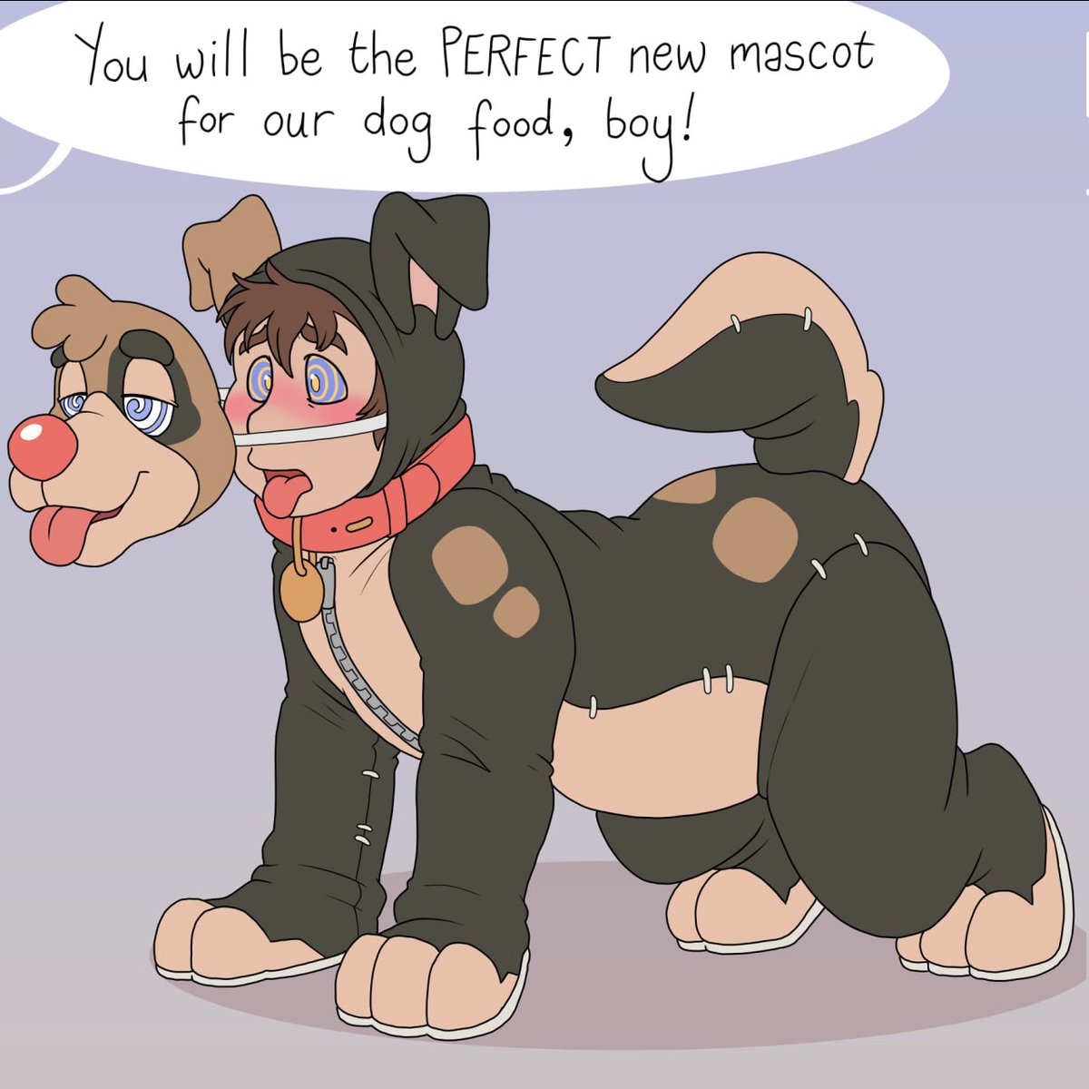 Great work lad, now just say the slogan over and over, "Pup chow's good, pup chow's great, eating pup chow is my fate!" and we'll give you plenty of treats and head pats