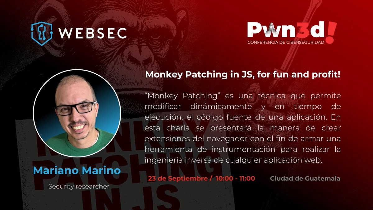 _websec's tweet image. Por si el taller no es suficiente, @MarianoIT tiene preparada una charla imperdible sobre ingeniería inversa en vivo para aplicaciones web haciendo uso de #MonkeyPatching 🐵 23/sep - 10:00 hrs #Hardware #Hacking #Ciberseguridad