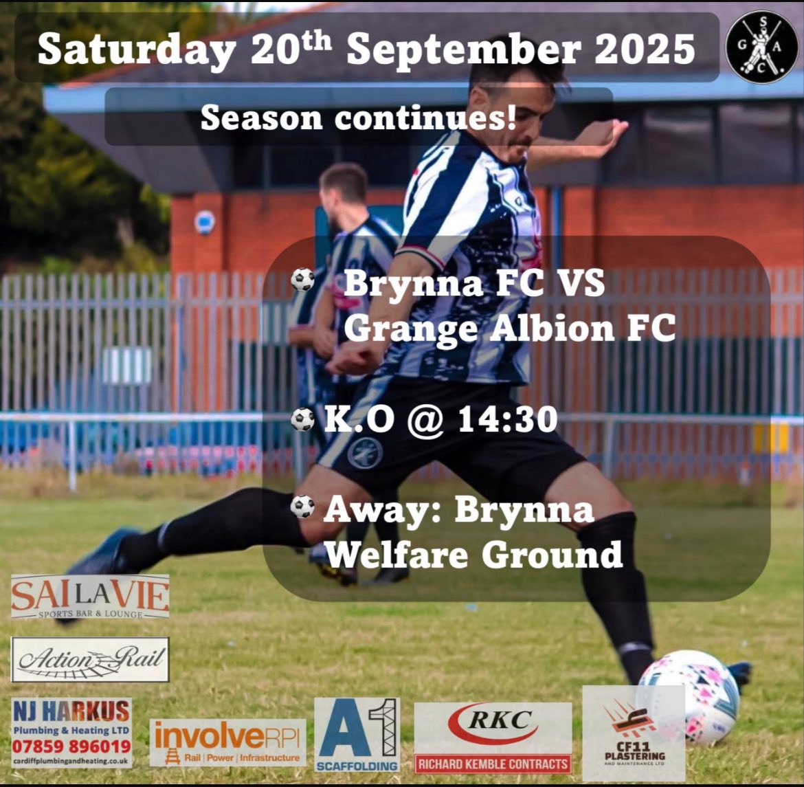 ⚫️⚪️⚽️1stTeam⚽️⚪️⚫️ 
🆚 | <a href="/FCBrynna/">Brynna Football Club</a> 
🗓️ | Sat 20th September 
⏰ | KO 2:30pm
🏟️ | CF72 9QP
🏆 | <a href="/SWPLInfo/">South Wales Premier League Info</a> <a href="/FAWales/">FA WALES</a> 
📸 | Gareth Cawley

Richardkemblecontracts.co.uk

cardiffplumbingandheating.co.uk

Leckwithbuildingsupplies.co.uk