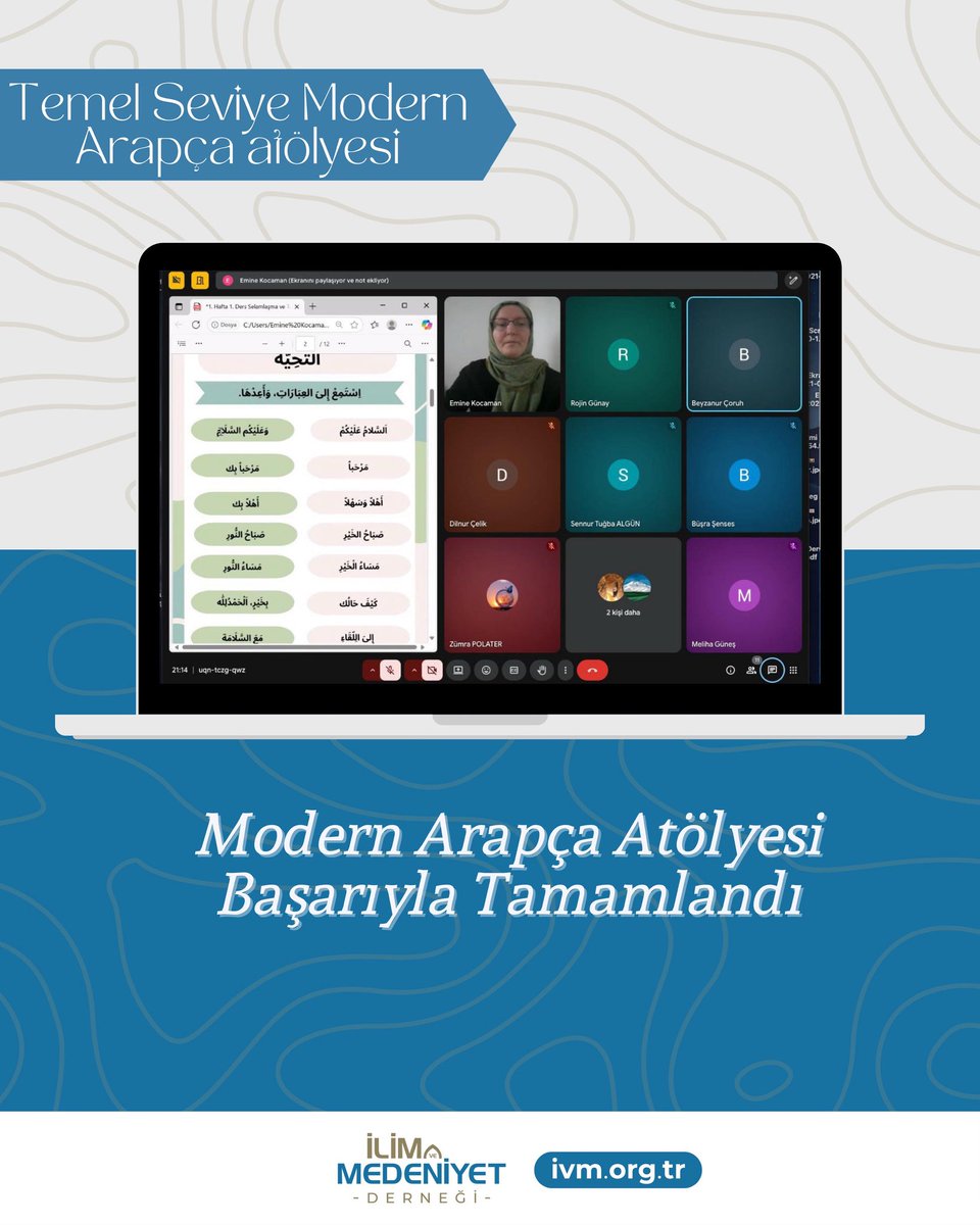 Modern Arapça Atölyemiz 8 haftalık yoğun derslerin ardından başarıyla tamamlandı. 17–35 yaş arası katılımcılar temel gramer, konuşma kalıpları ve pratik kullanım öğrendi. Katılım Belgesi alan öğrencilerimizi ve emeği geçen eğitmenlerimizi tebrik ederiz!