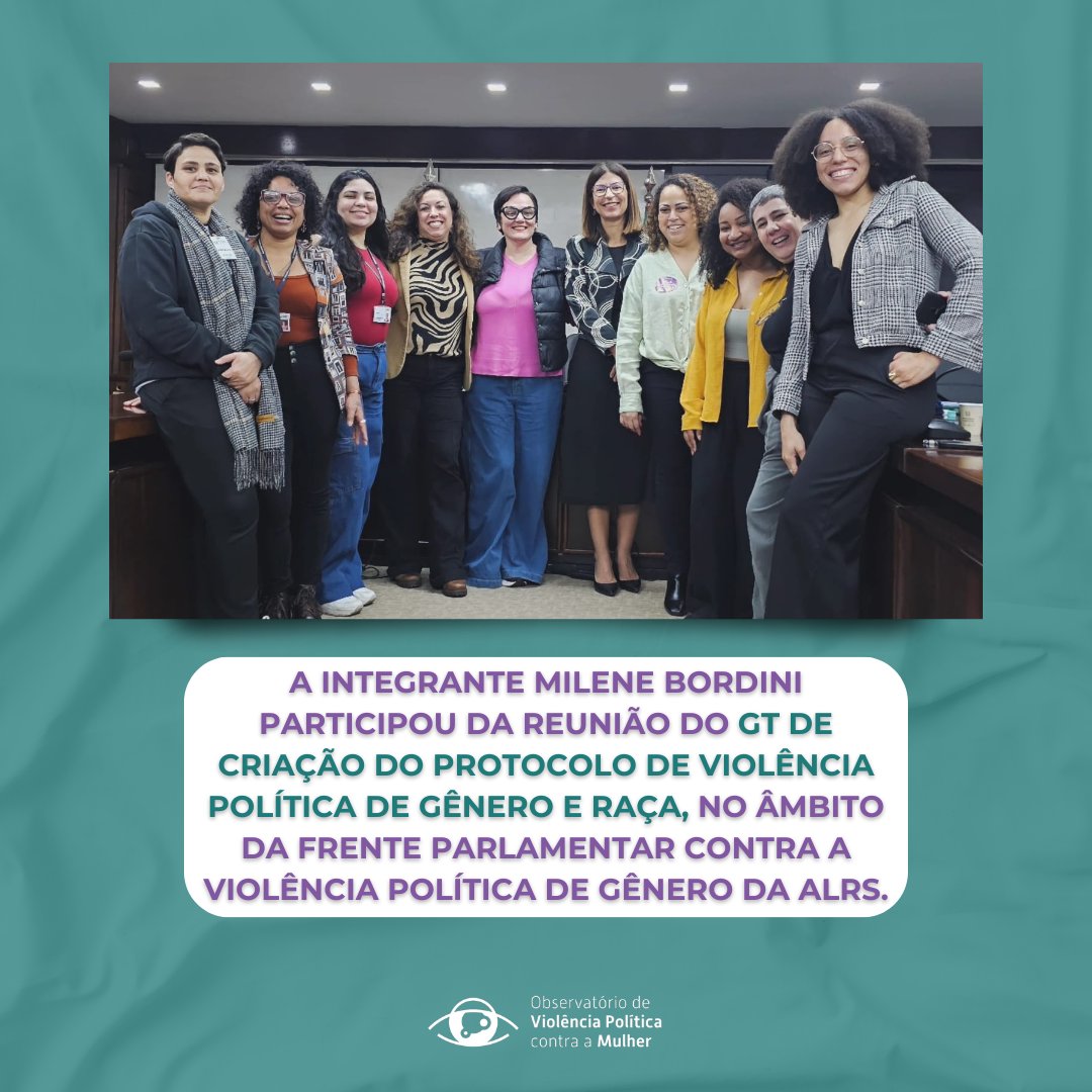 🙌 Observatório VPM marcando presença:

A integrante Milene Bordini nos representou na reunião do Grupo de Trabalho de Criação do Protocolo de Violência Política de Gênero e Raça, no âmbito da Frente Parlamentar contra a Violência Política de Gênero da ALRS.