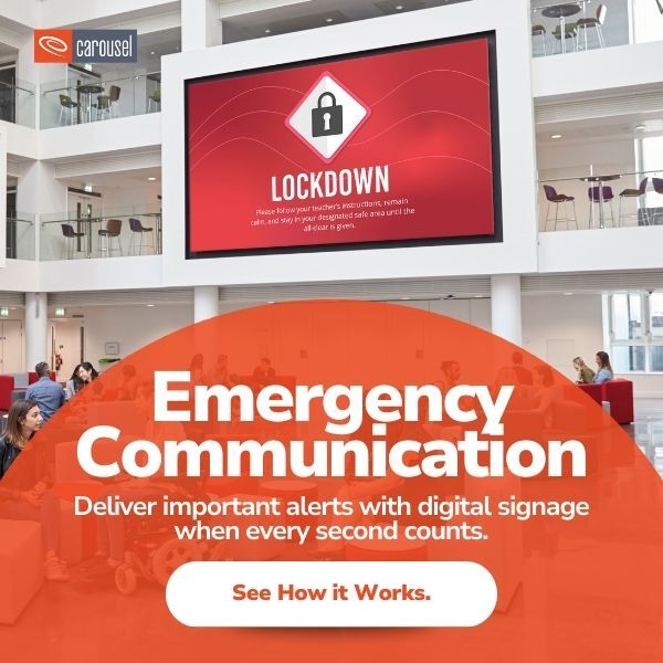 Carousel, a vital part of your larger communication strategy.

See How it Works: hubs.ly/Q03HHN6T0

#Carousel #DigitalSignage #SignageSolutions #EmergencyMessaging #CrisisCommunication
