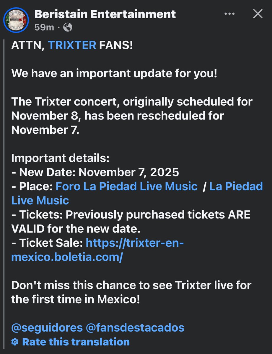 Mexico City Show has been moved up a day ….Nov 7 is new date 
  trixter-en-mexico.boletia.com
