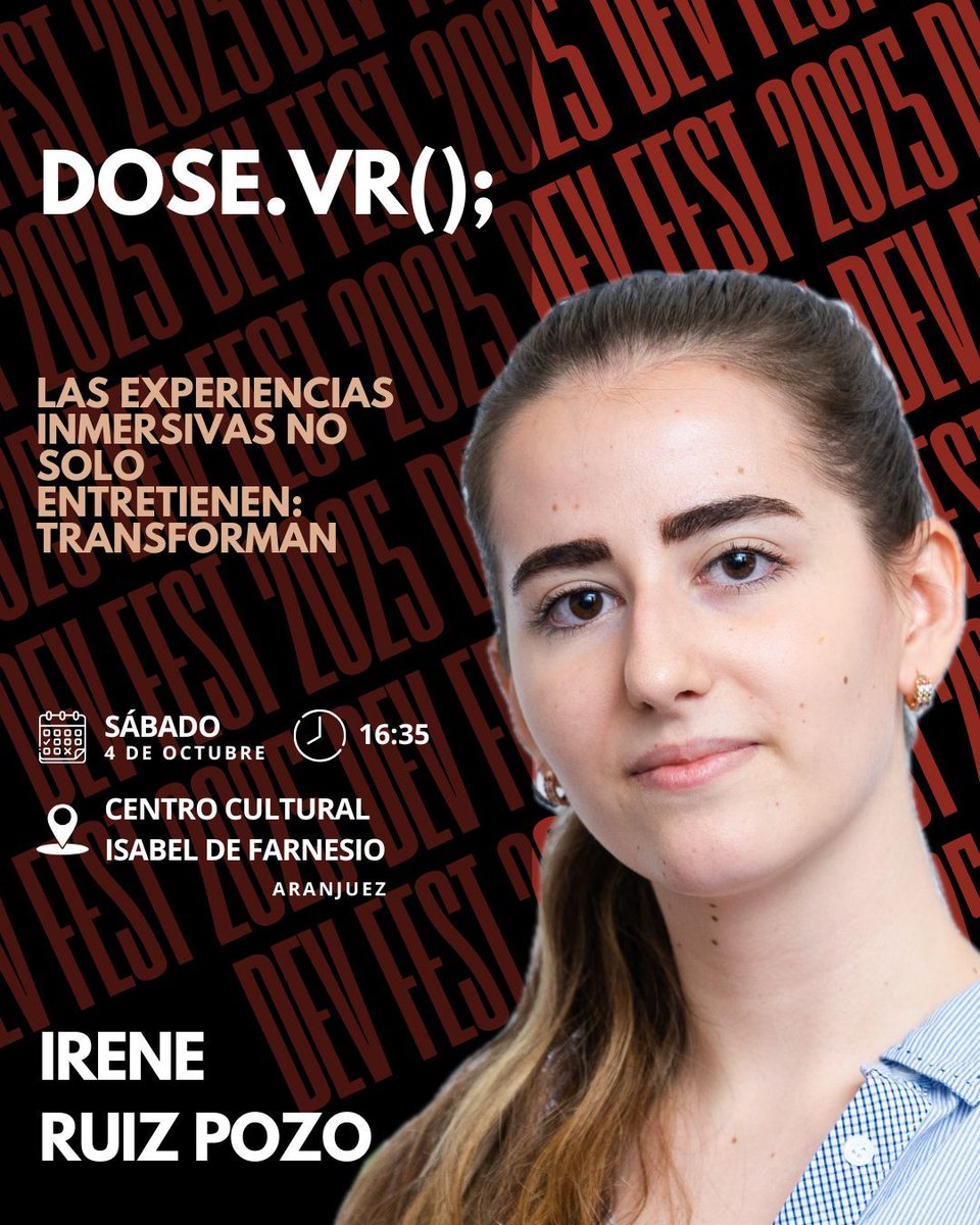 🎤 En el DevFest Aranjuez 2025, Irene Ruiz Pozo nos trae dose.VR();

Cómo la realidad virtual ya alivia el dolor en pacientes de quimioterapia y por qué lo inmersivo puede ir mucho más allá del entretenimiento. 💙

📅 4 Octubre
📍 Isabel de Farnesio, Aranjuez
🎟️ Entradas en bio!