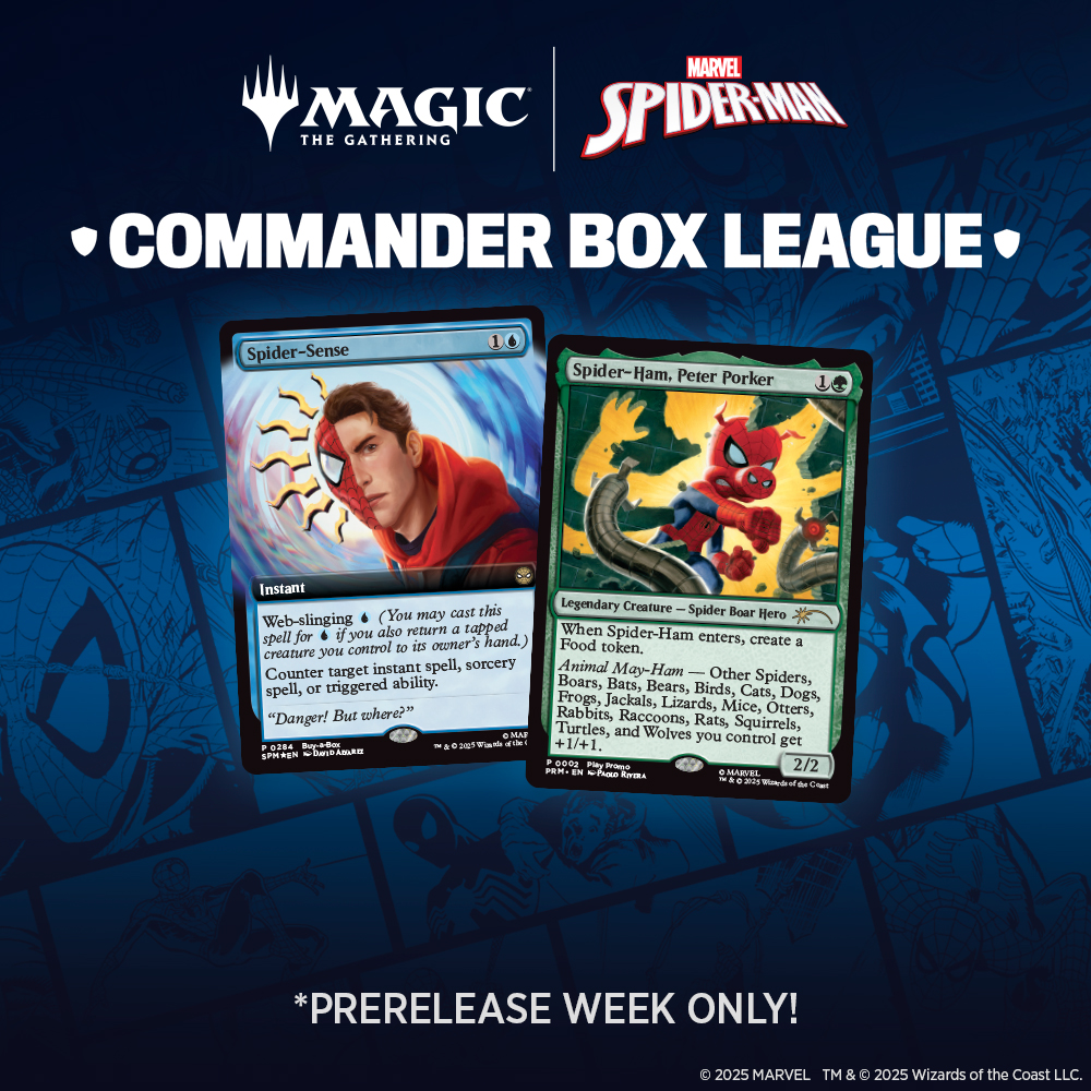 It’s prerelease day! Pick up your Marvel’s Spider-Man Play Booster box, snag your promos, and swing into Commander Box League. Games all week, only at Bards &amp; Cards. bards.cards/4mIsNau