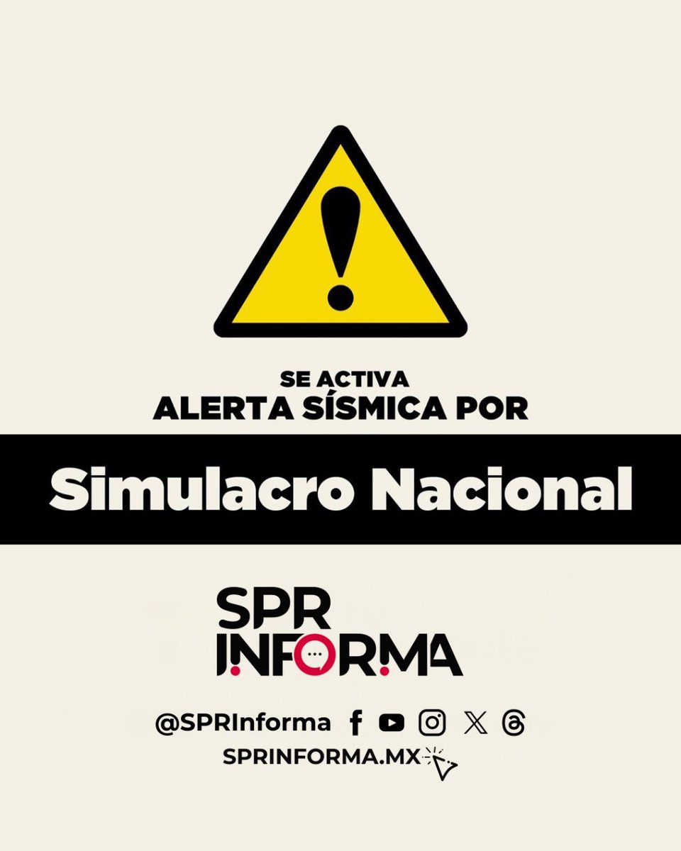 #SegundoSimulacroNacional2025 | #19DeSeptiembre

Inicia el Segundo Simulacro Nacional 2025 con la activación de la #AlertaSísmica, con una hipótesis de sismo de magnitud 8.1 con epicentro en Lázaro Cárdenas, #Michoacán.

Sigue las indicaciones de las autoridades para evacuar de