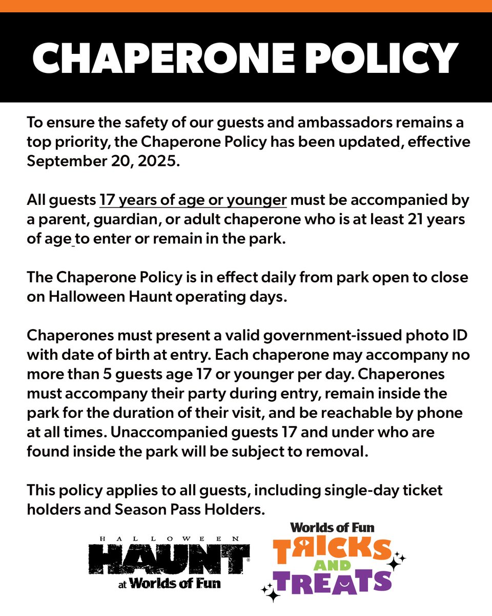 worldsoffun's tweet image. We’re looking forward to weekend two of Tricks and Treats and HAUNT. #WorldsofFun offers a family friendly environment. We've updated our chaperone policy &amp;amp;bag restrictions, there’s a new can’t-miss show and most importantly, have FUN!

Policy details 👉 bit.ly/42xchC4
