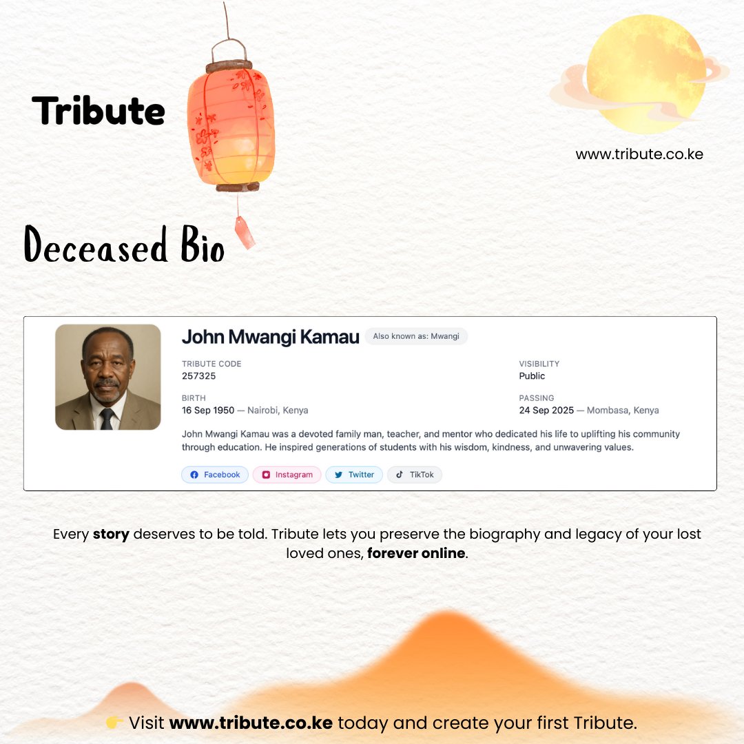 tribute_ke's tweet image. Every life deserves to be remembered. With Tribute, you can create a digital bio for your lost loved ones — capturing their story, dates, and legacy.
👉 Start today at tribute.co.ke
#tribute #lostlovedones #foreverinmemory #digitallegacy #celebratinglives