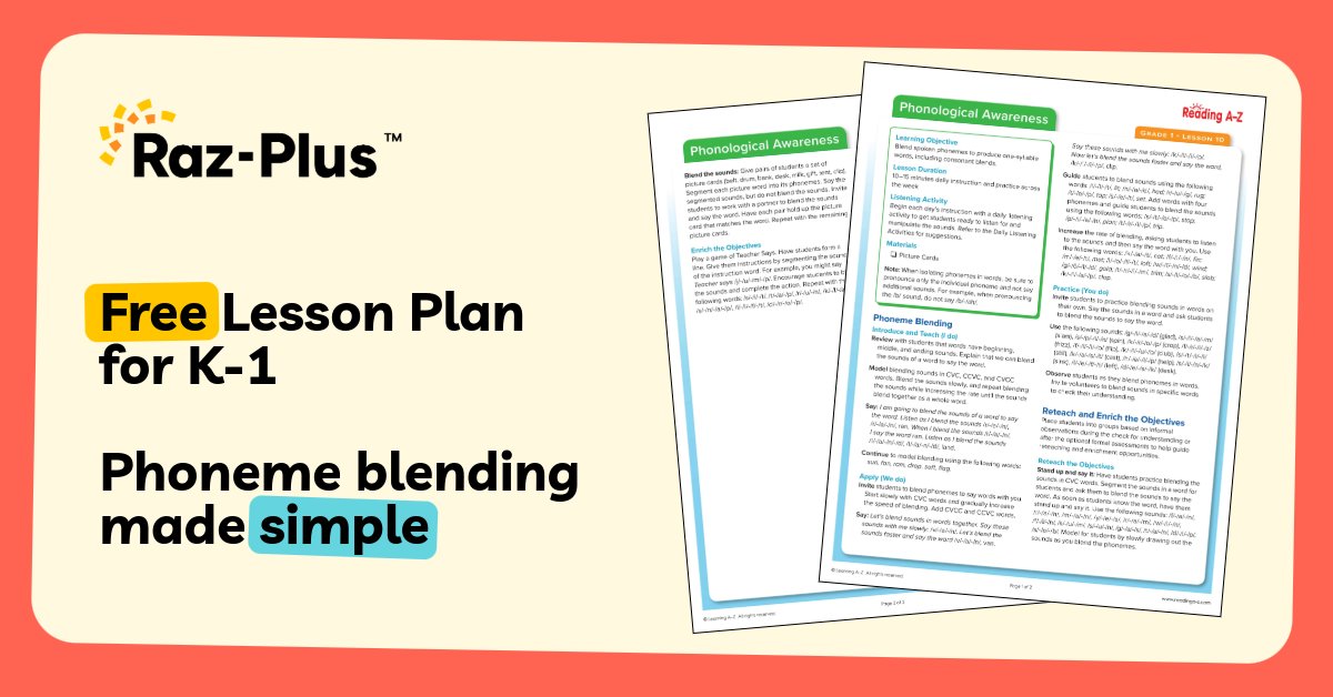 LearningAtoZ's tweet image. 📚 Need a lesson on phoneme blending? Raz-Plus is here to help you shine. This FREE detailed lesson plan gives you I do, We do, You do steps that help K-1 students master foundational skills.

Download now. bit.ly/44HH94r

#RazPlus #ScienceOfReading #K5Literacy