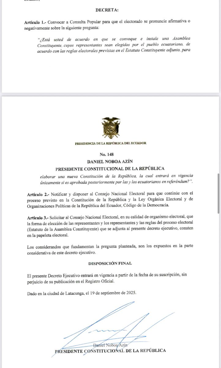 mauroandinoe's tweet photo. Daniel Noboa, fiel a su espíritu de señor feudal, ordena preguntar al pueblo, si quiere o no, la instalación de una Constituyente. Así, se limpia con la Constitución y con la Corte Constitucional. Todos los que alentaron sus arrebatos antidemocráticos, son responsables de su deriva dictatorial. Seguro, el CNE oficialista se prestará para esta barbaridad. En lo electoral, no hay que temerlo: ¡hay que enfrentarlo!. El pueblo sabrá responder en las urnas, para evitar que nuestro país termine de convertirse en un huasipungo más de Carondelet.