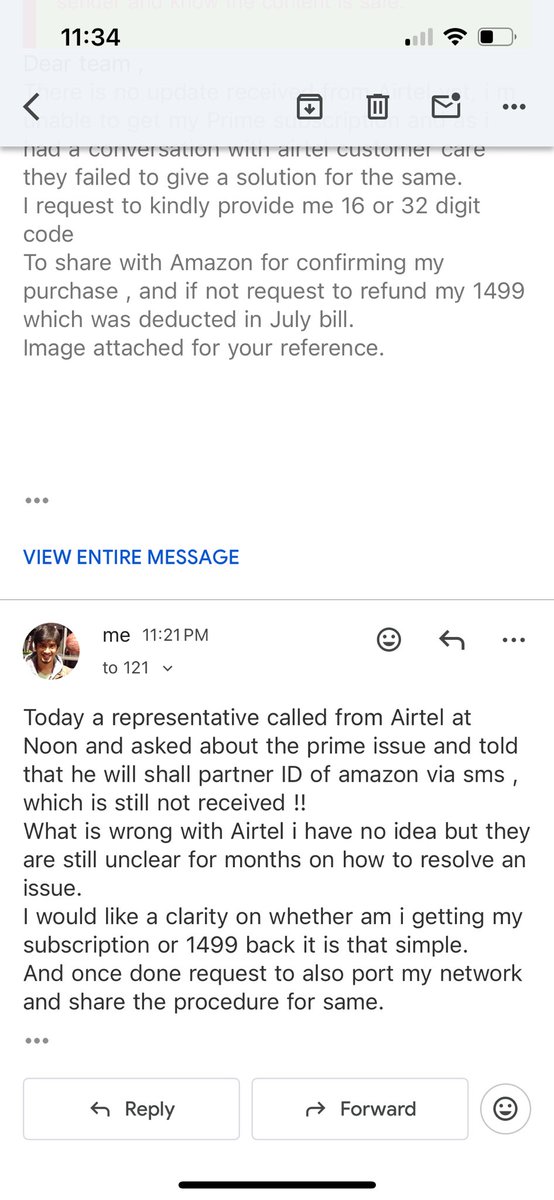 Rahul50391's tweet photo. @airtelindia @Airtel_Presence @airtelnews Facing issue with Airtel customer support, regarding Prime subscription charged in bill without being able to watch it for more than 2 months now &amp; still no solution even after multiple mails (30) and many calls. https://t.co/WJdEmzrxJe